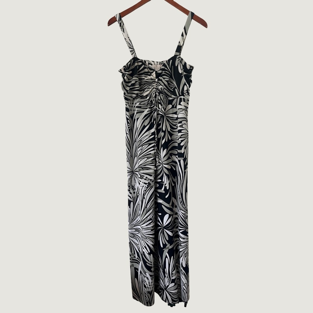 Jonathan Martin Black White Floral Ruched Maxi Dress Large Sleeveless Summer